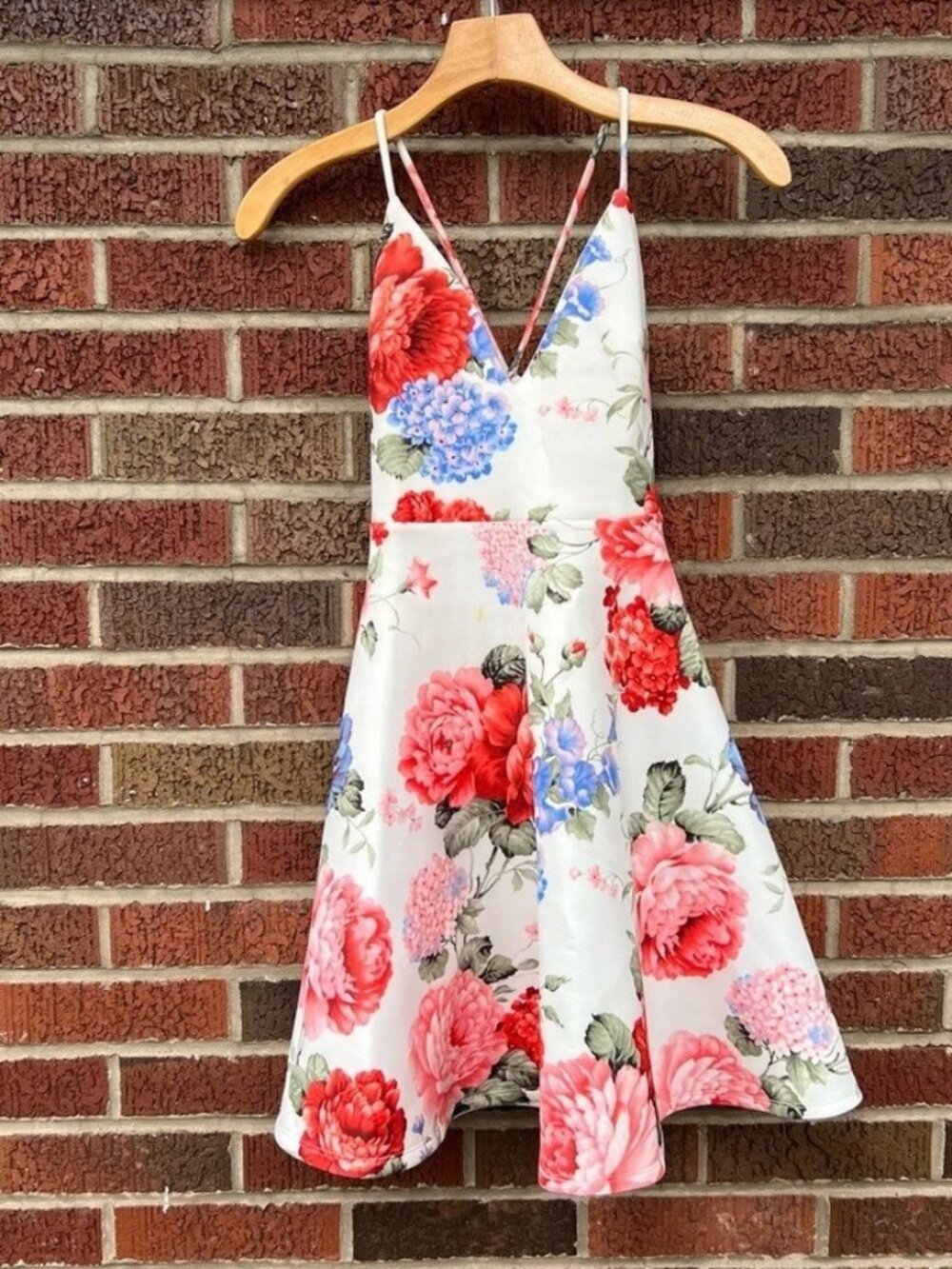 White and Multicolored Floral Scuba Knit Strappy V Neck Fit and Flare Dress